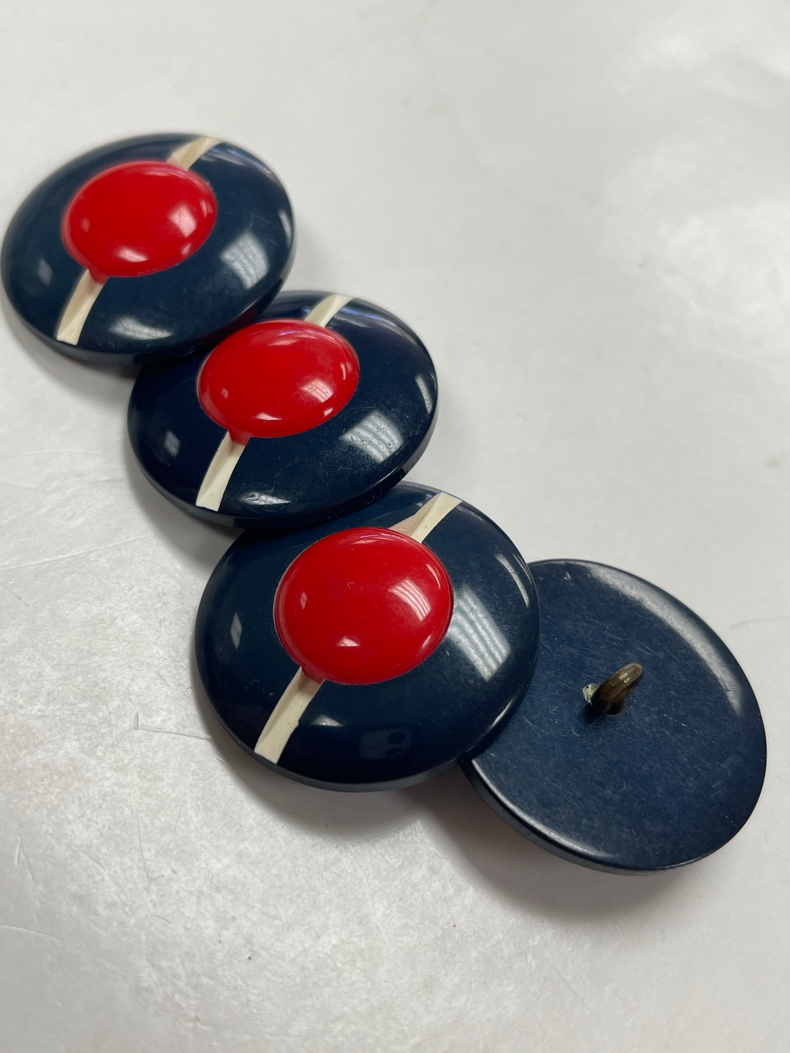 Button Set of 4 Plastic Vintage 1 1/4" - Navy Blue with Red Center