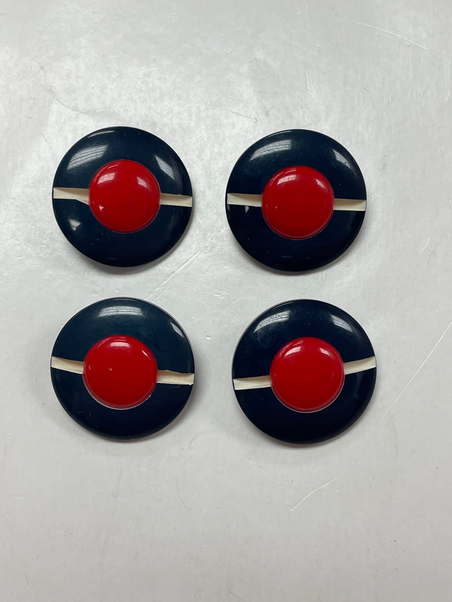 Button Set of 4 Plastic Vintage 1 1/4" - Navy Blue with Red Center