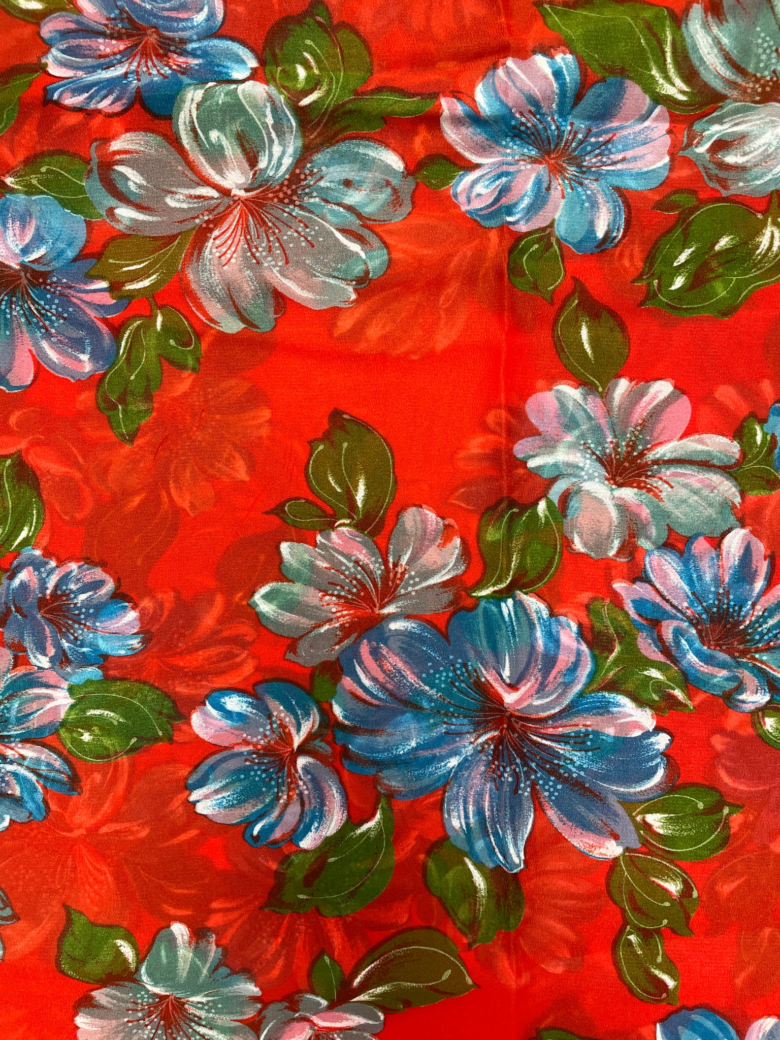 2 YD Polyester Chiffon Vintage - Red with Blue Flowers