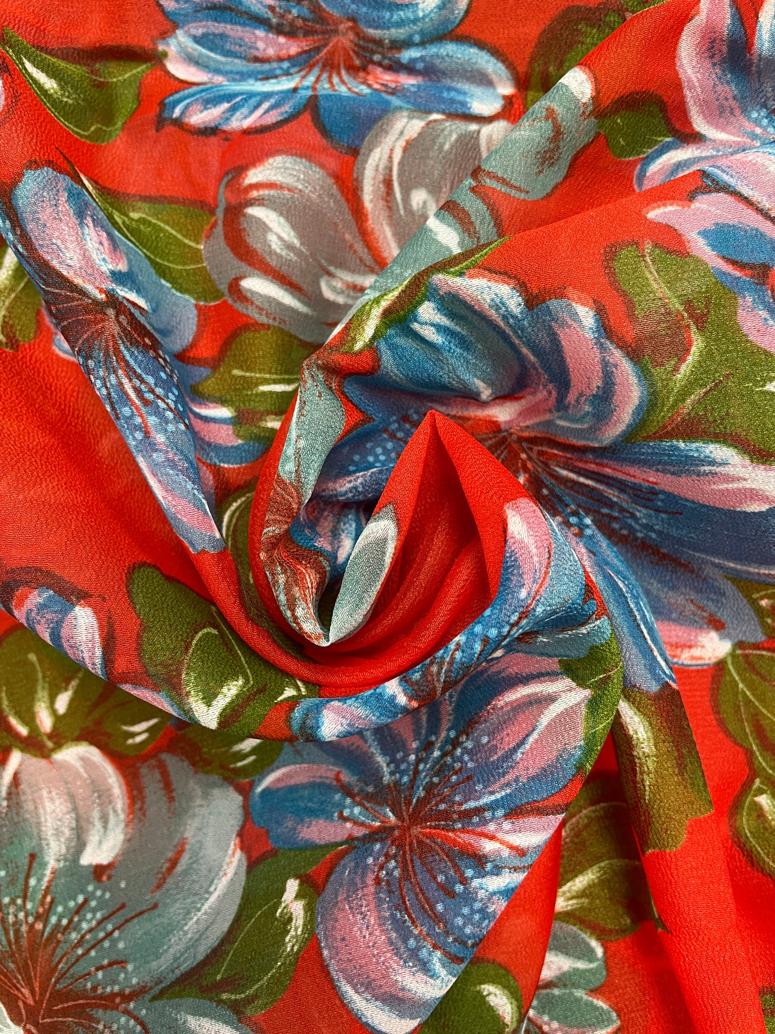 2 YD Polyester Chiffon Vintage - Red with Blue Flowers