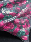Polyester Satin Ribbon Roses - Magenta with Dark Green Leaves