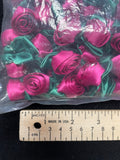 Polyester Satin Ribbon Roses - Magenta with Dark Green Leaves