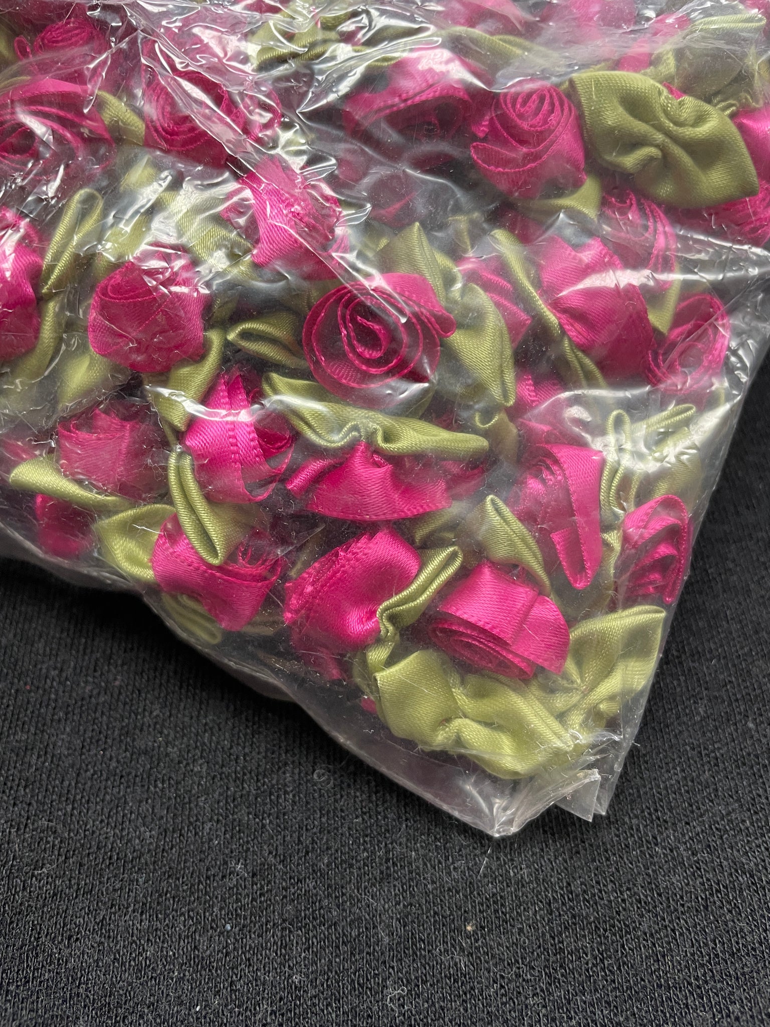 Polyester Satin Ribbon Roses - Burgundy with Sage Green Leaves