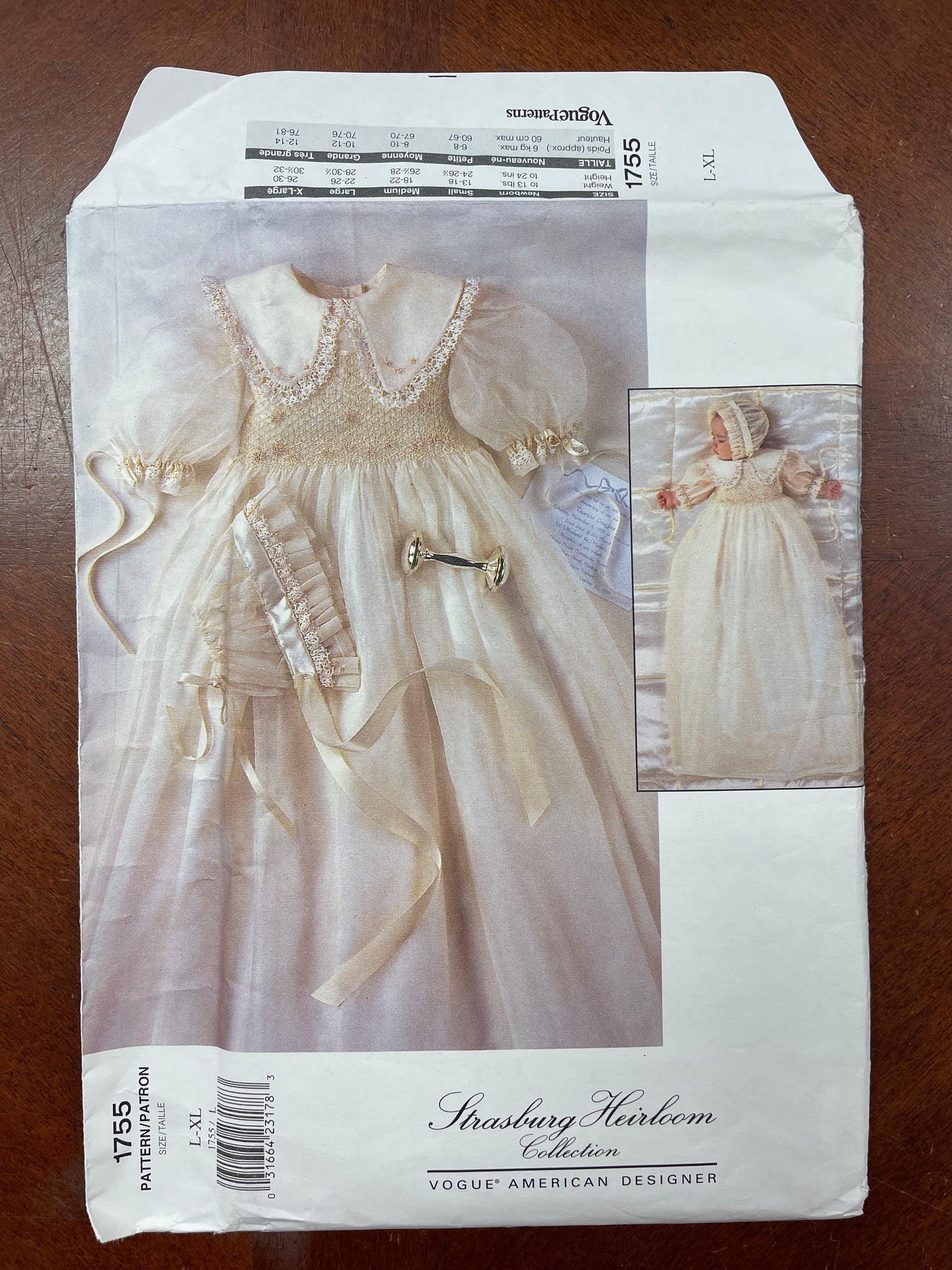 1996 Vogue 1755 Pattern - Baby's Christening Gown and Bonnet FACTORY FOLDED