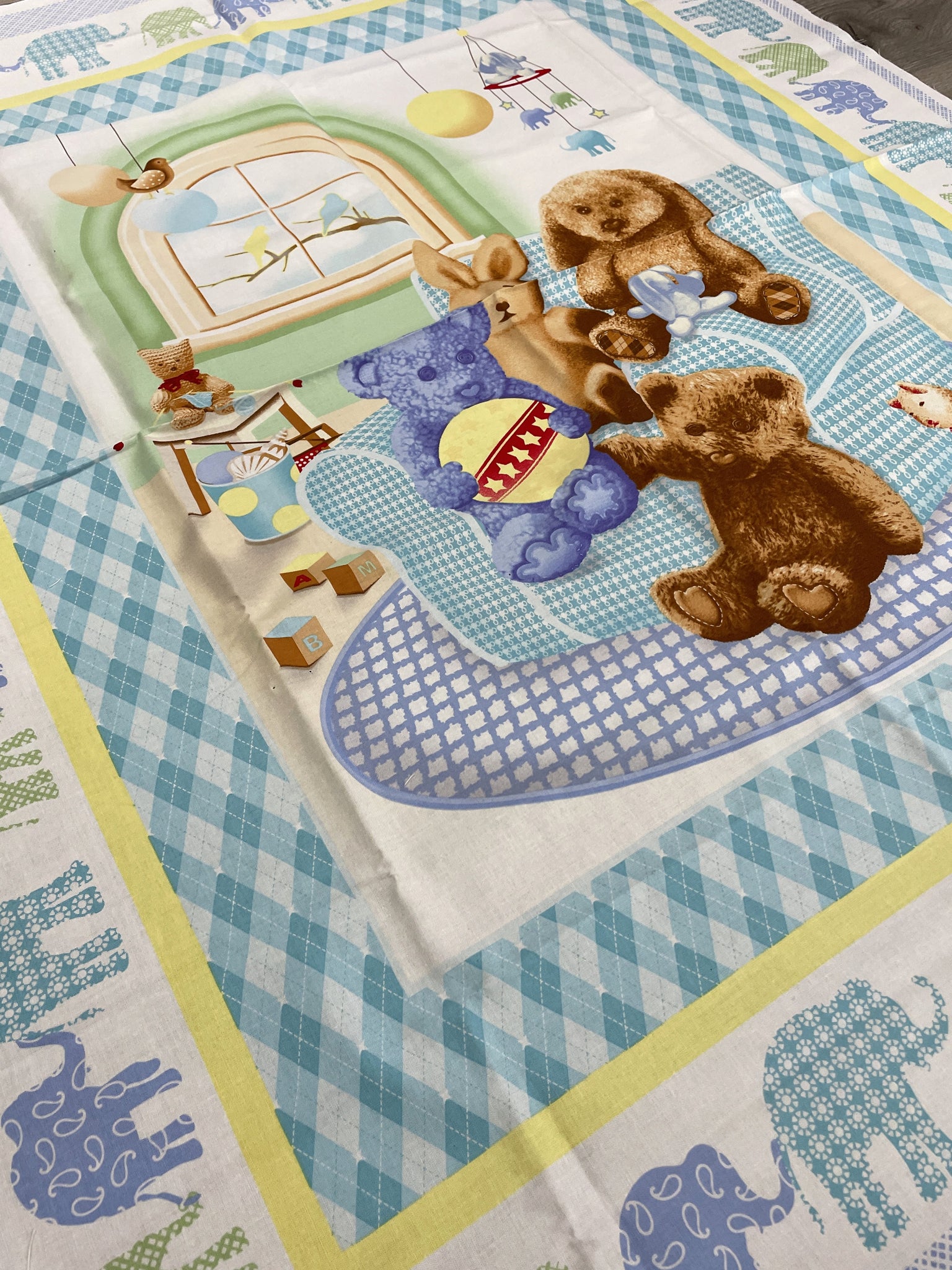 1 YD Quilting Cotton Panel - Stuffed Animals Surrounded by Borders of Different Prints