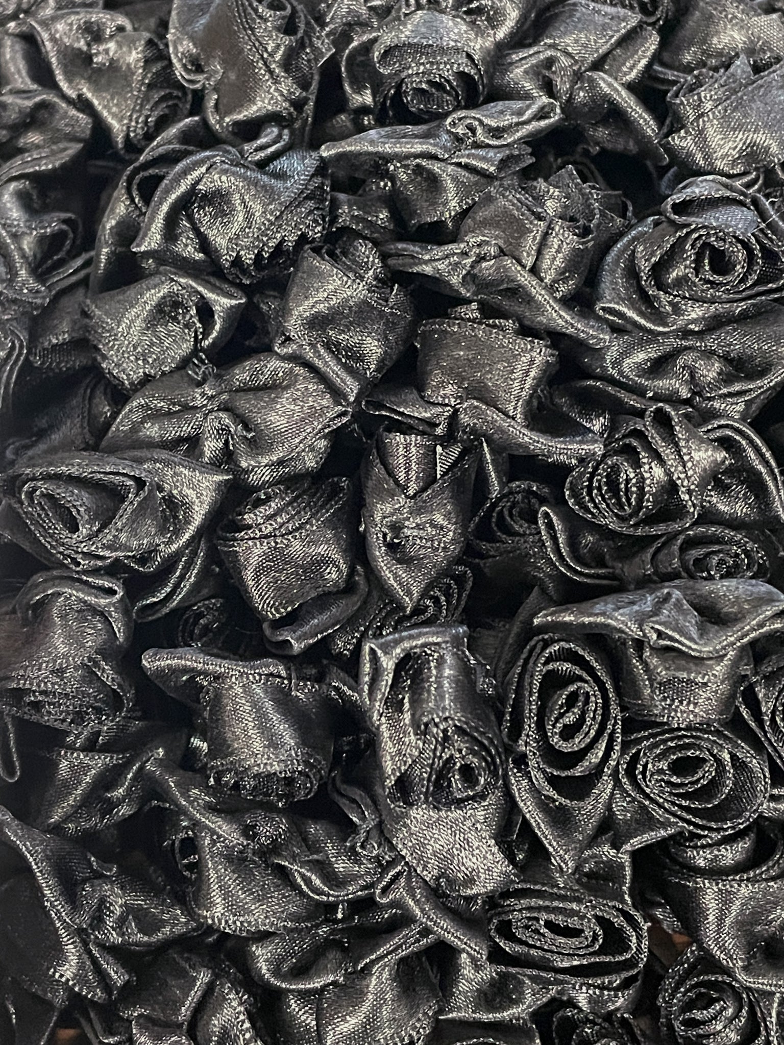 Polyester Satin Ribbon Roses - Black with Black Leaves