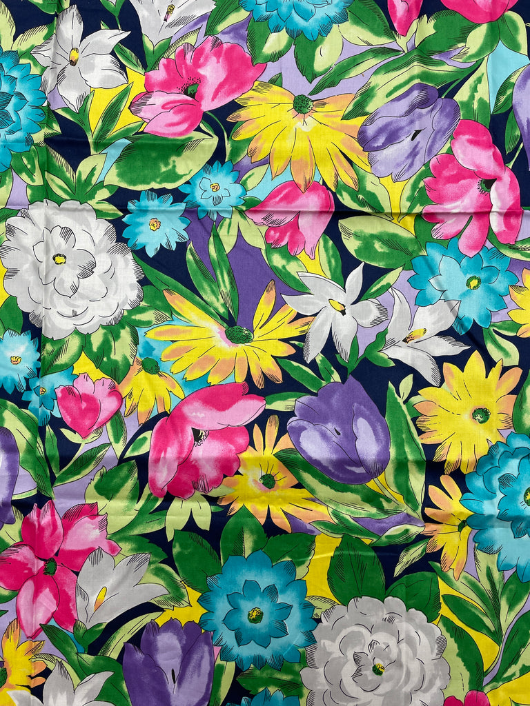 1 YD Cotton Sateen - Bright Flowers on Navy Blue Background