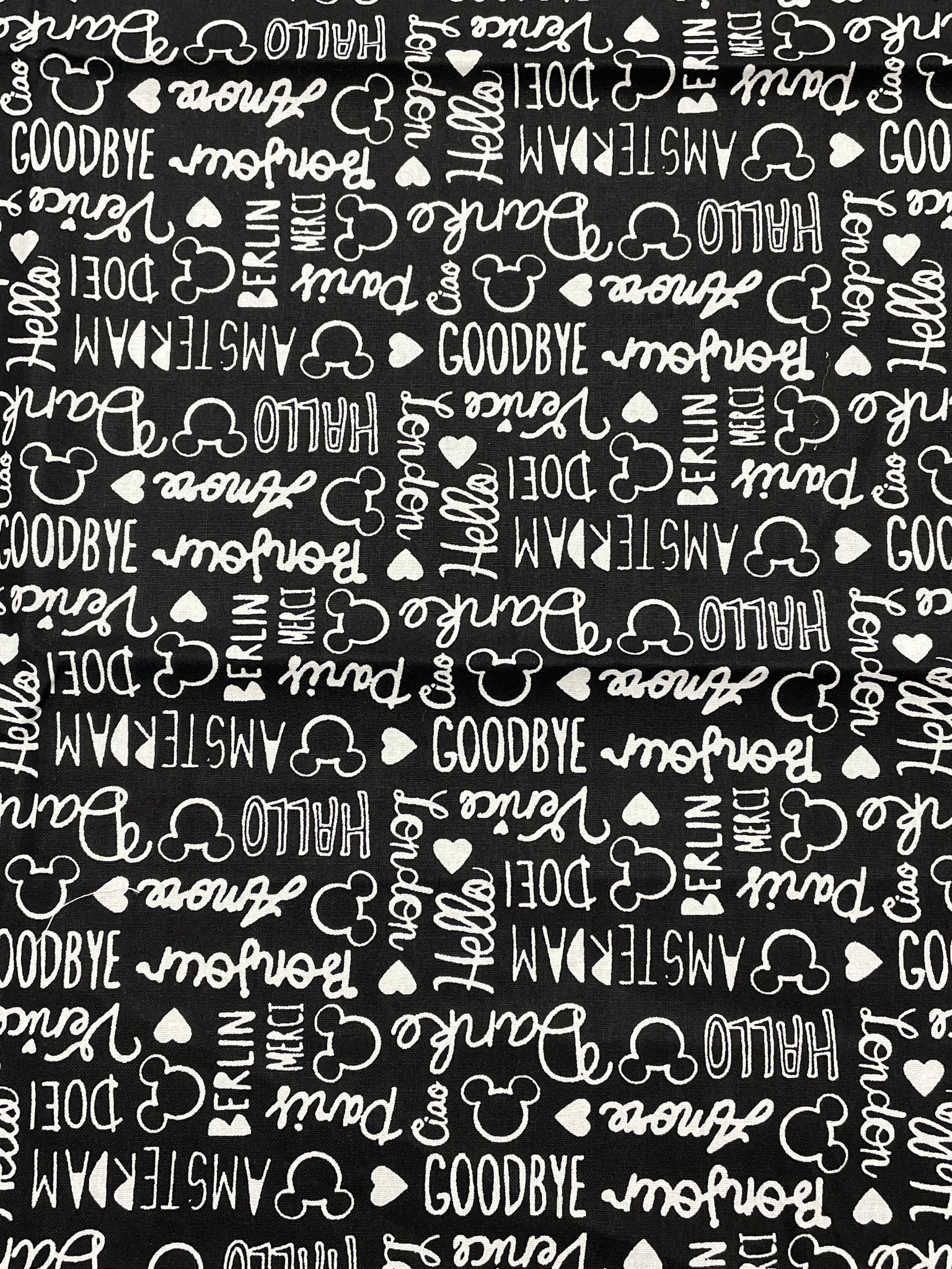 3/4 YD Quilting Cotton Remnant - Black with White Disney Writing