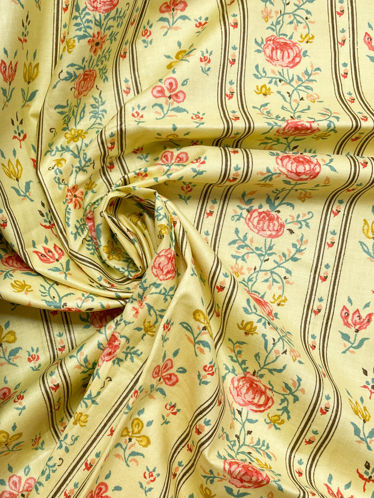 3/4 YD Quilting Cotton Remnant Vintage - Yellow with Floral Stripes