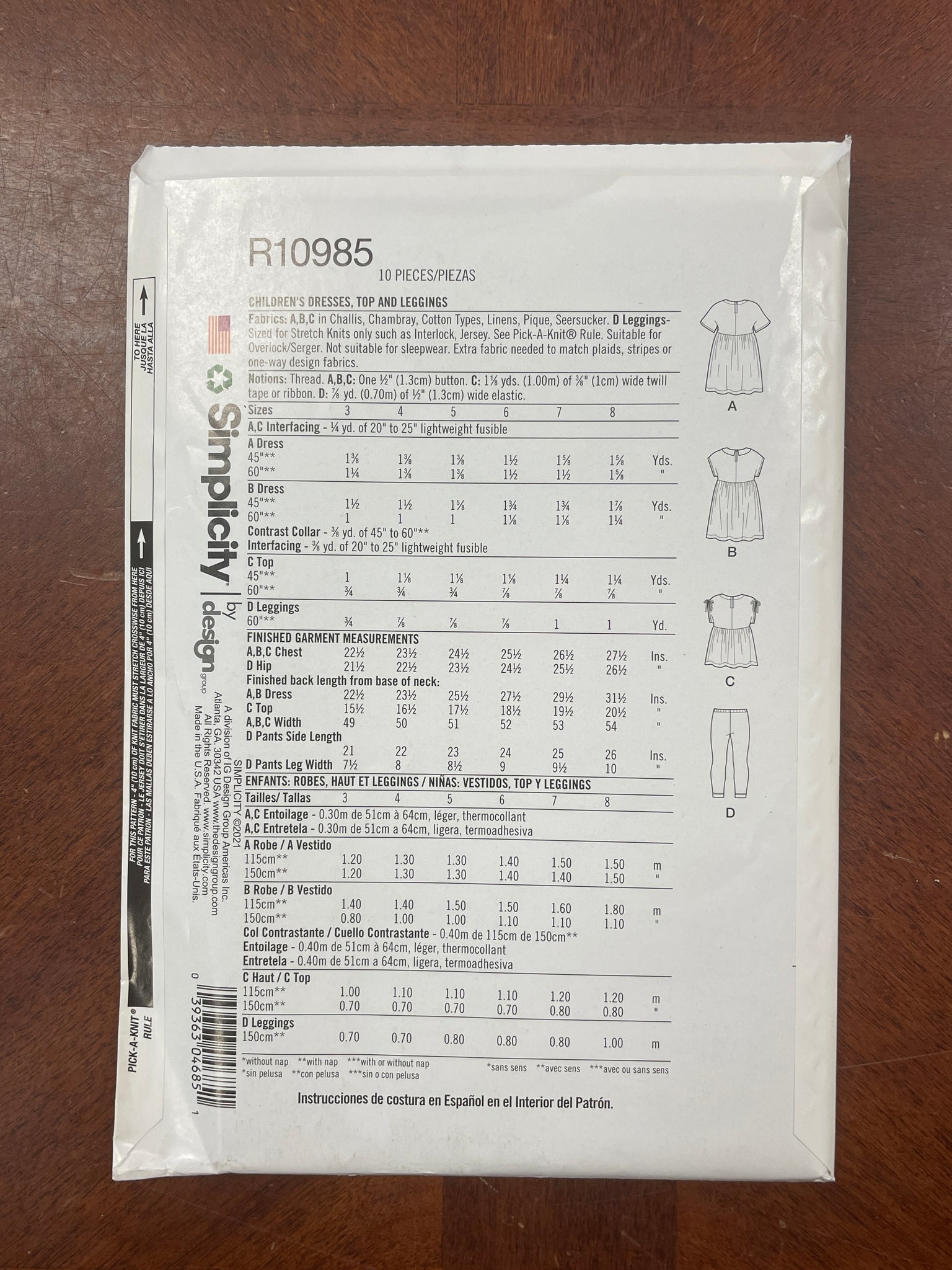 2021 Simplicity 10985 Sewing Pattern - Girl's Dresses and Leggings FACTORY FOLDED