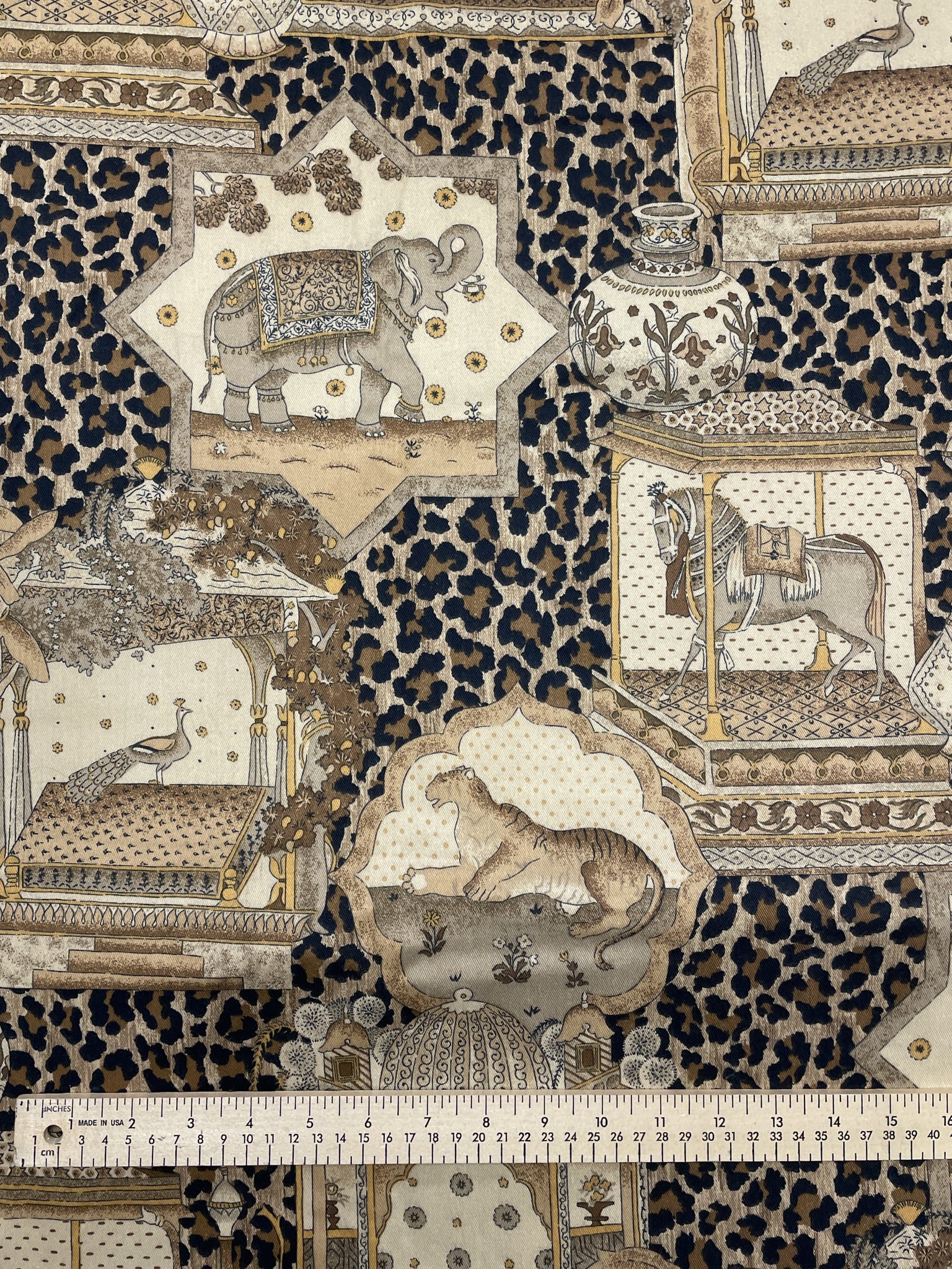 3 1/2 YD Cotton Twill Vintage - Indian Animals in Frames on Leopard Background