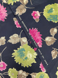 2 YD Polyester - Pink, Green and Tan Flowers on VERY Dark Navy Blue