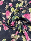 2 YD Polyester - Pink, Green and Tan Flowers on VERY Dark Navy Blue