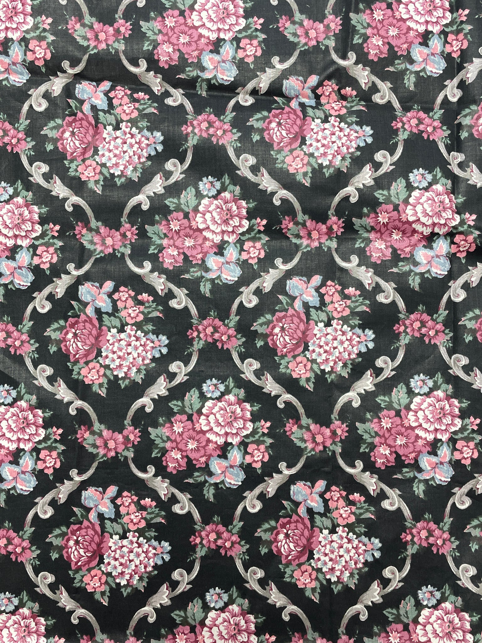 1 1/8 YD Cotton Polished Vintage - Black with  Burgundy Flowers and Gray Filigree