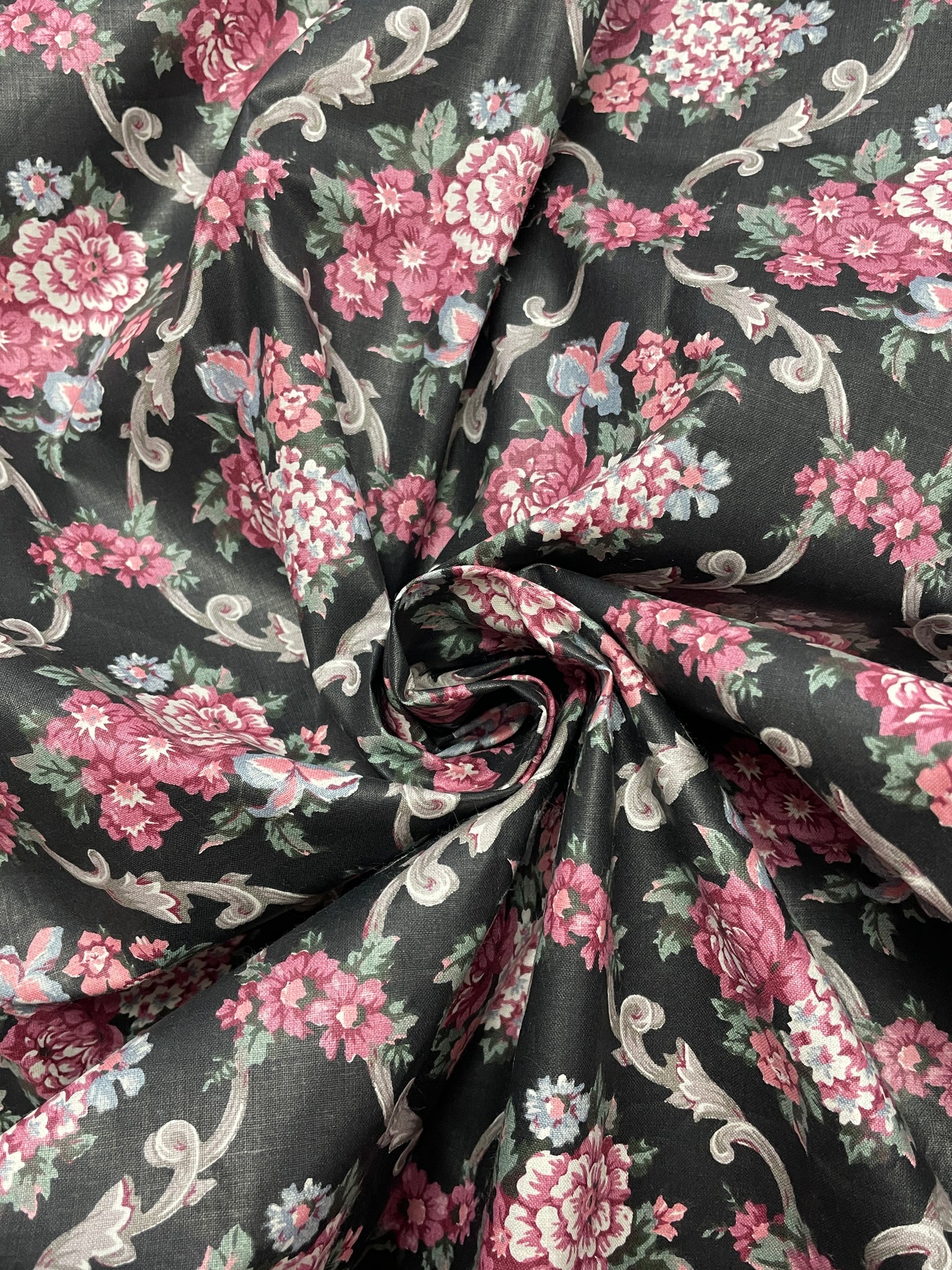 1 1/8 YD Cotton Polished Vintage - Black with  Burgundy Flowers and Gray Filigree