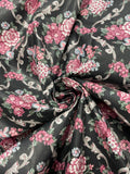 1 1/8 YD Cotton Polished Vintage - Black with  Burgundy Flowers and Gray Filigree