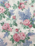 1 YD Cotton/Poly Vintage - Pink and Blue Flowers with Green Leaves on White