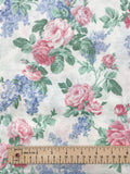 1 YD Cotton/Poly Vintage - Pink and Blue Flowers with Green Leaves on White
