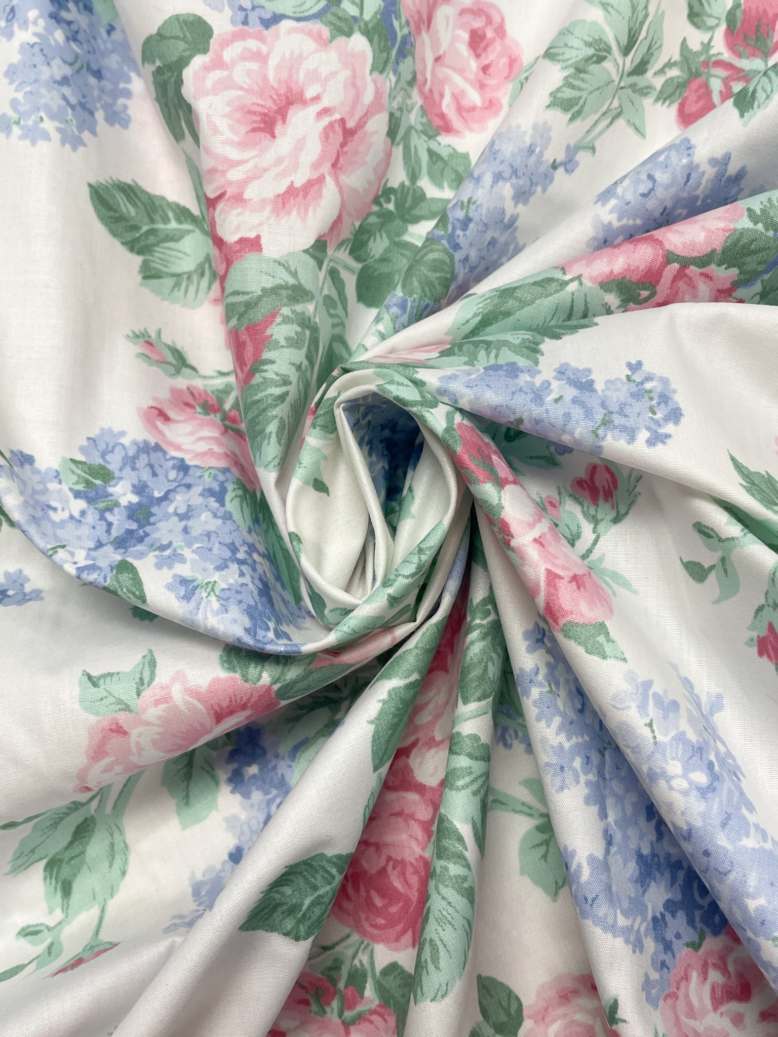 1 YD Cotton/Poly Vintage - Pink and Blue Flowers with Green Leaves on White