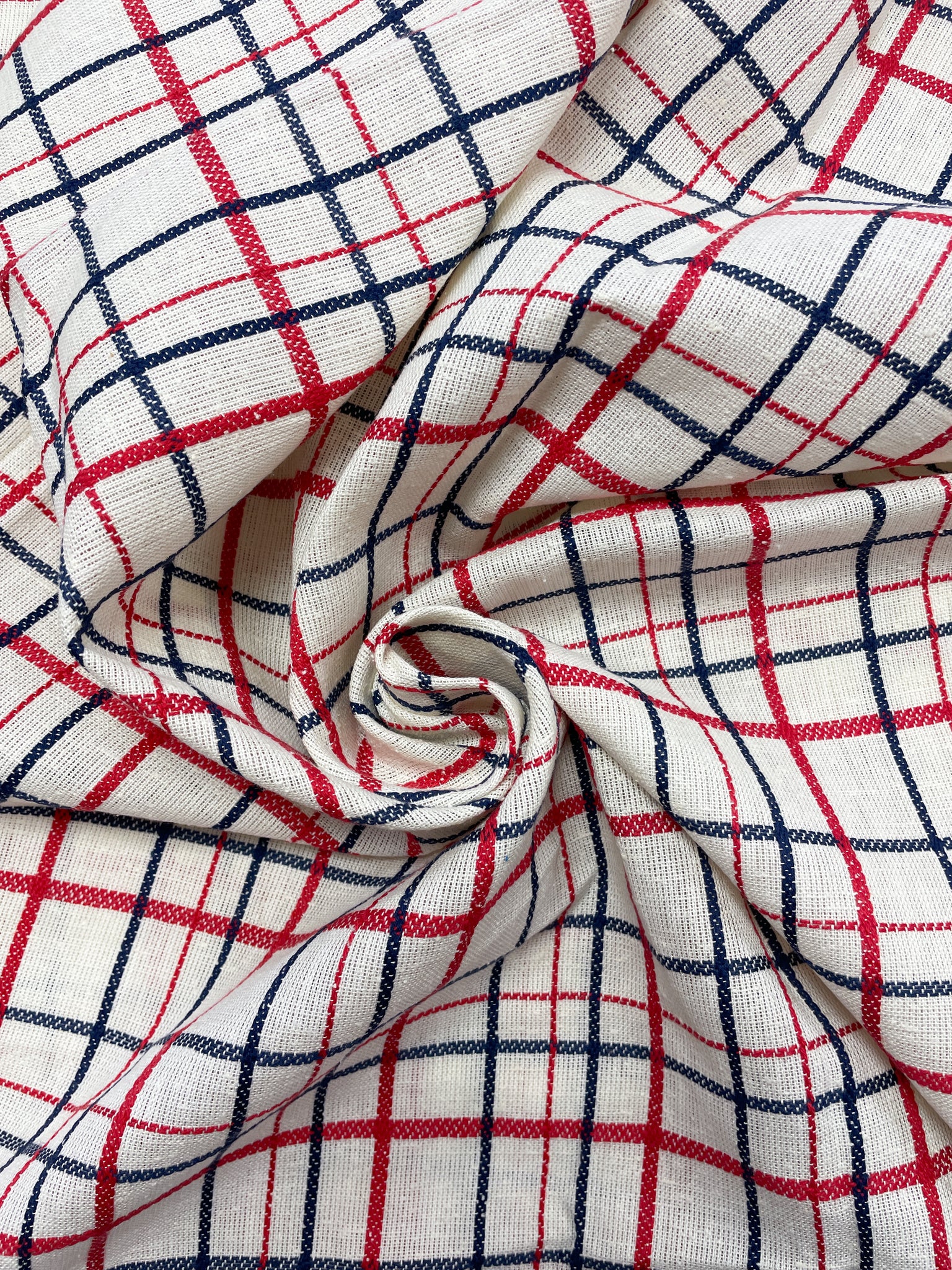 2 1/2 YD Cotton Yarn-Dyed Plaid - White with Red and Navy Blue