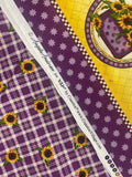 7/8 YD Quilting Cotton with Printed Plaid and Borders - Purple and Off White with Sunflowers