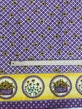 7/8 YD Quilting Cotton with Printed Plaid and Borders - Purple and Off White with Sunflowers