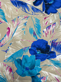 2 1/8 YD Polyester Vintage - Bright Blue and Fuchsia Flowers and Leaves on Beige