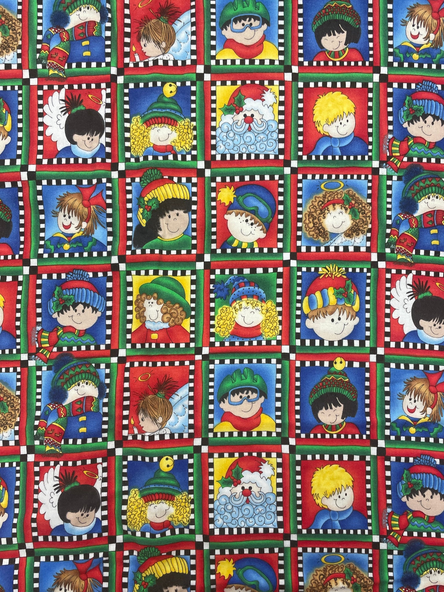 3 1/8 YD Cotton Flannel - Christmas Kids in Squares