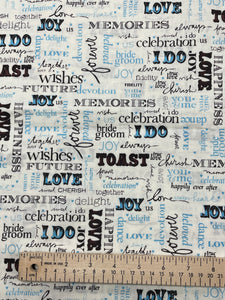 1 2/3 YD Quilting Cotton - Off White with Wedding Themed Words in Black and Blue