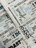 1 2/3 YD Quilting Cotton - Off White with Wedding Themed Words in Black and Blue