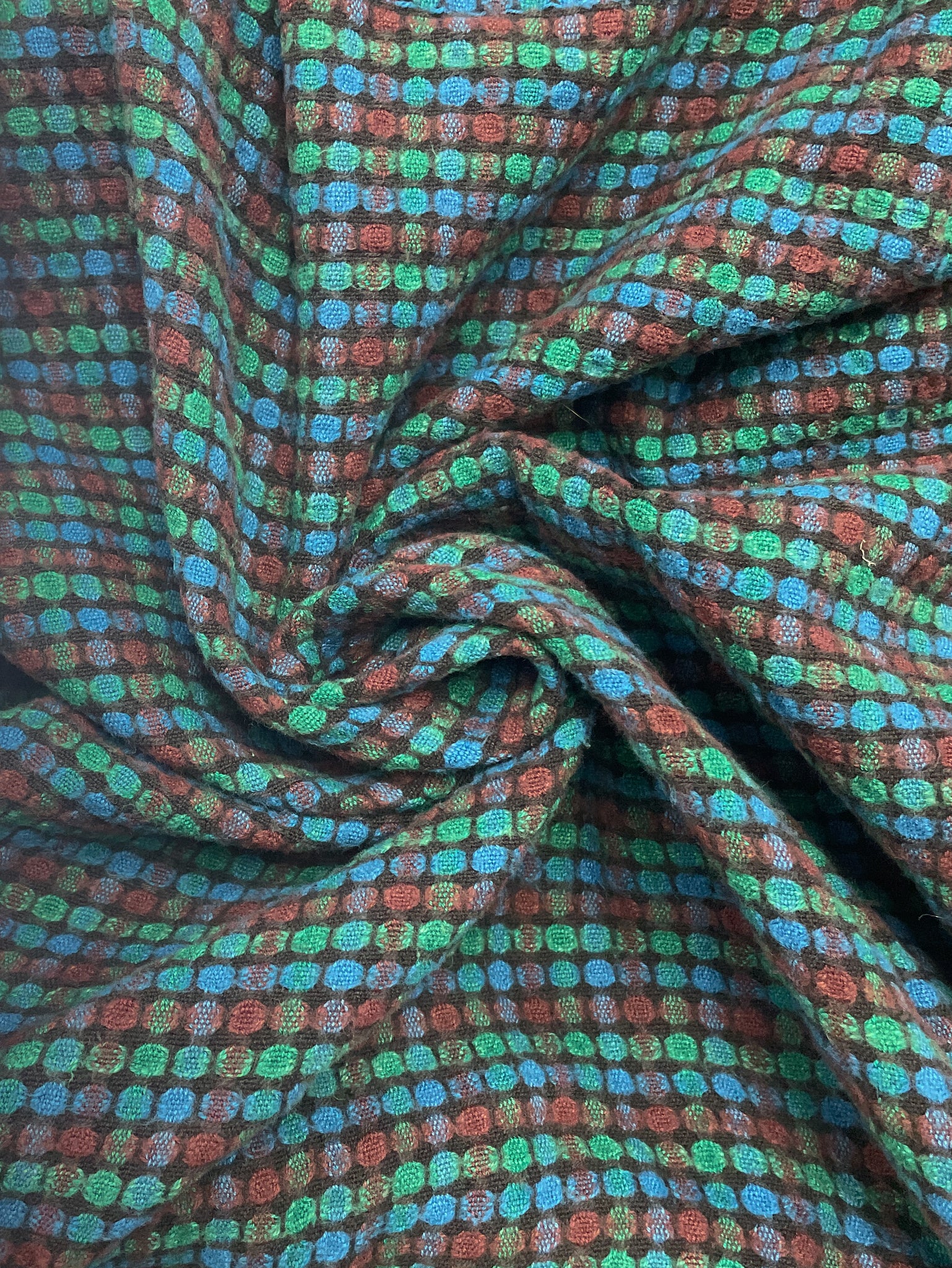 3 7/8 YD Cotton Yarn-Dyed Polka Dots - Blue, Green and Brown on Black