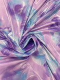 2 YD Lycra - Purple and Turquoise Flowers on Mottled Purple Background with Silver Over