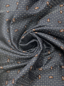 2 YD Tie Silk - Navy Blue, Black and Light Gray Plaid with Brown Paisley