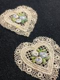 Lace Heart Applique Vintage Set of 2 - Ecru with Variegated Blue Flowers