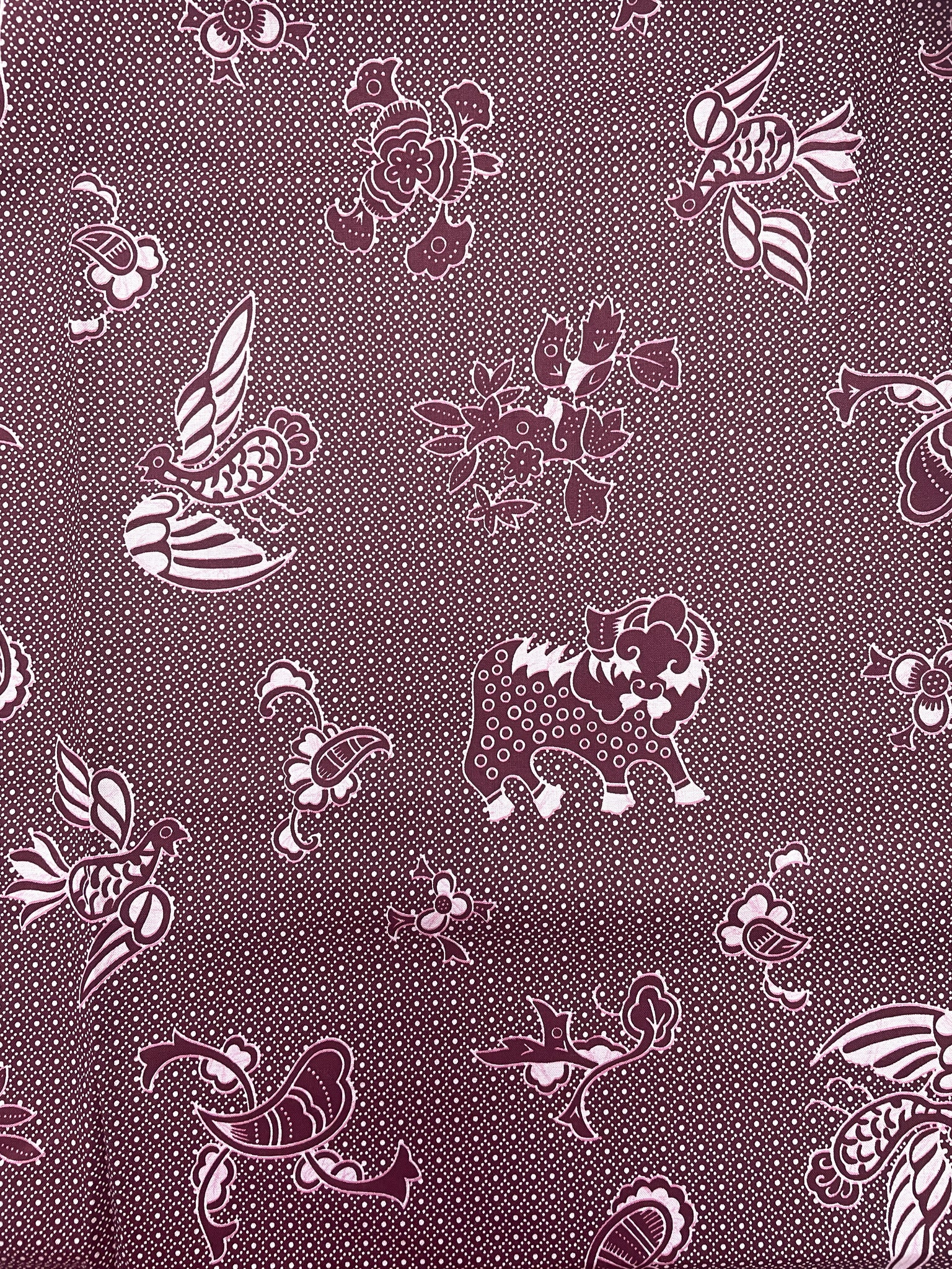 3 YD Quilting Cotton Faux Batik Print - Burgundy with Animals and Flowers