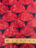 3 5/8 YD Cotton Batik - Mottled Red with Navy Blue Long Horn Silhouettes