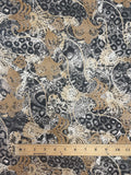 1 5/8 YD Nylon Stretch Vintage - Black and Gray Leopard Print Feathers of Tan Checked