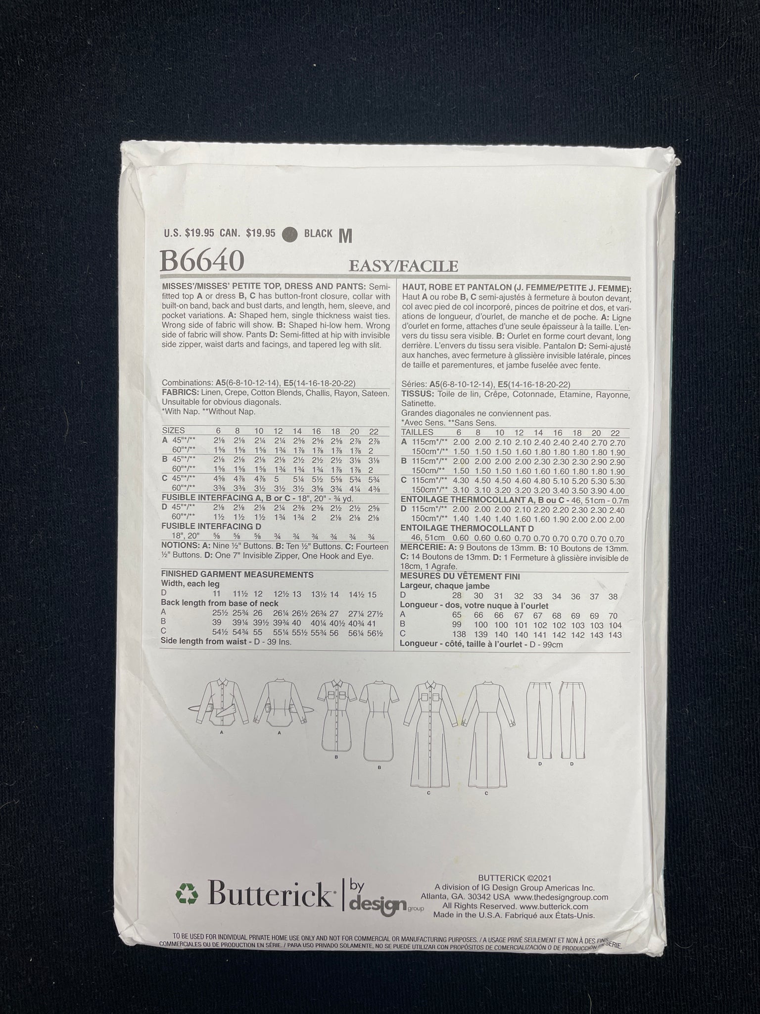 2021 Butterick 6640 Sewing Pattern - Top, Dress, and Pants FACTORY FOLDED