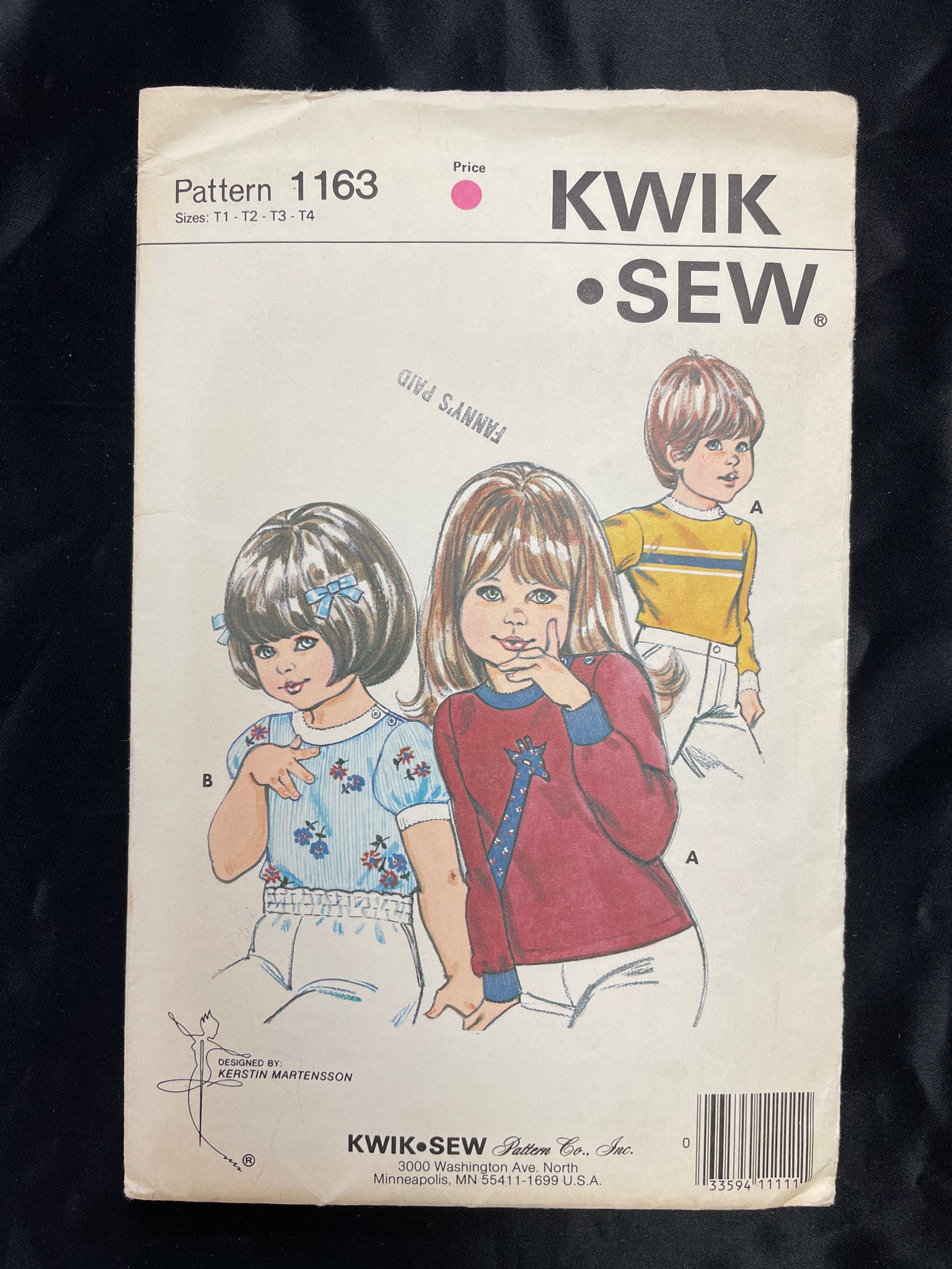1981 Kwik Sew 1163 Pattern - Toddler T-Shirt FACTORY FOLDED