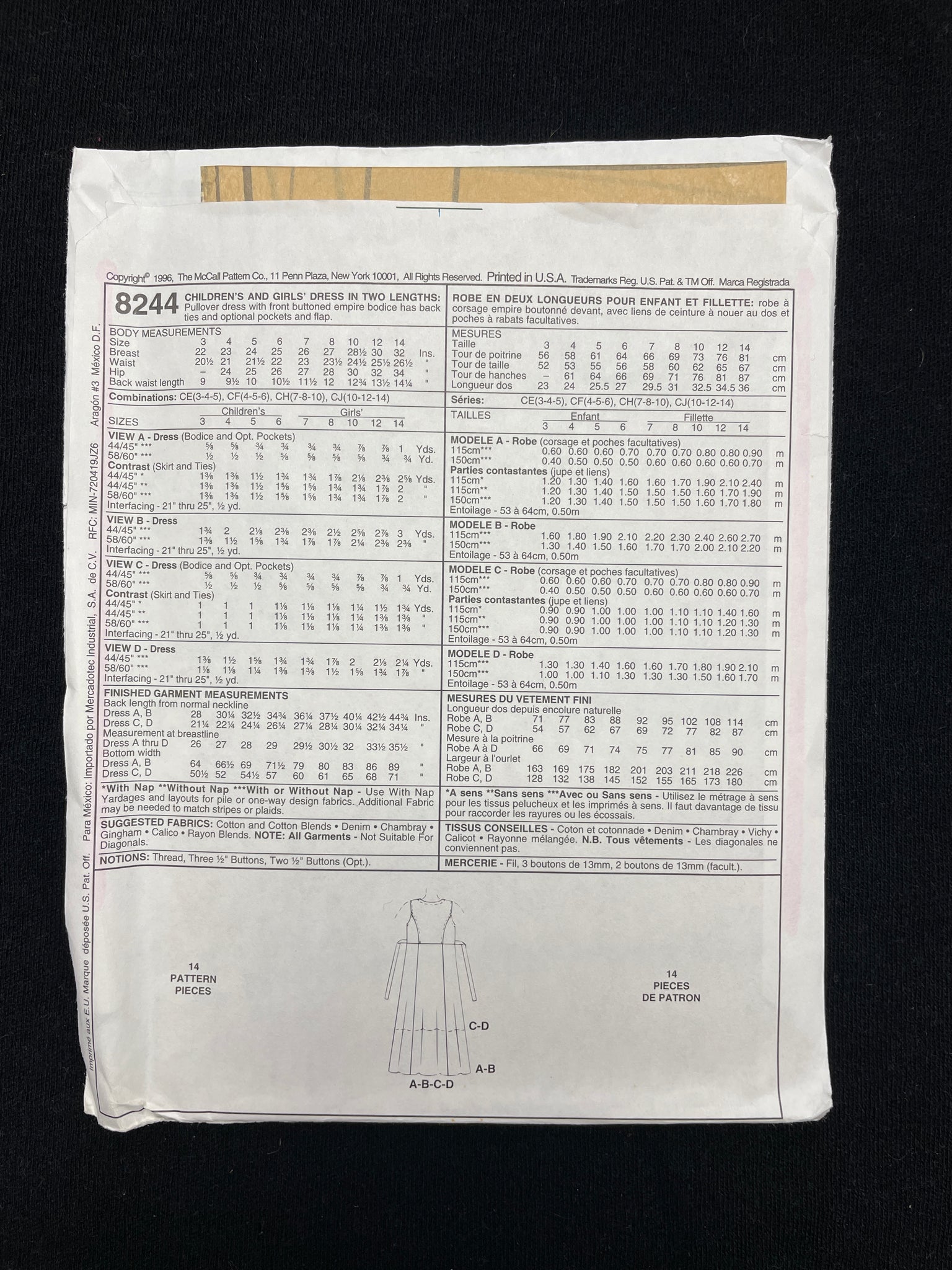 1996 McCall's 8244 Sewing Pattern - Child's Dress FACTORY FOLDED