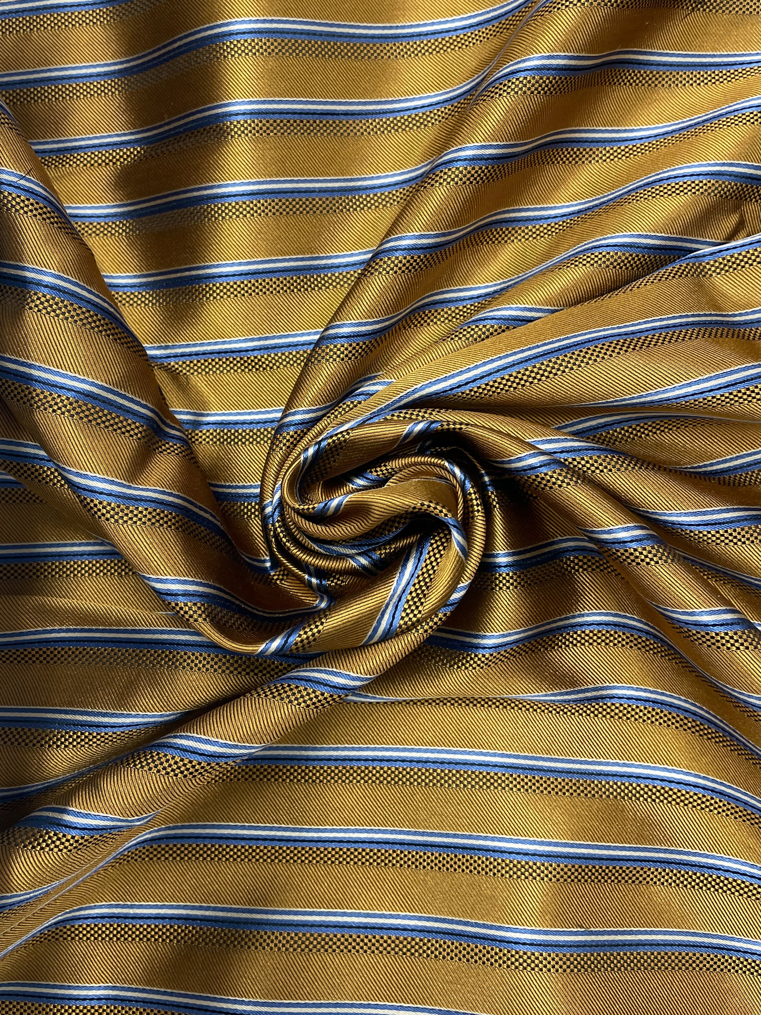 Tie Silk Yarn-Dyed Woven Stripe - Butterscotch with Light Blue, Black and White