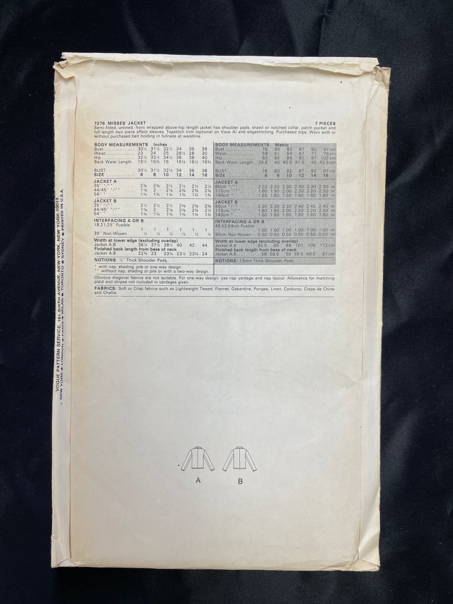 1980's Vogue 7276 Pattern - Jacket