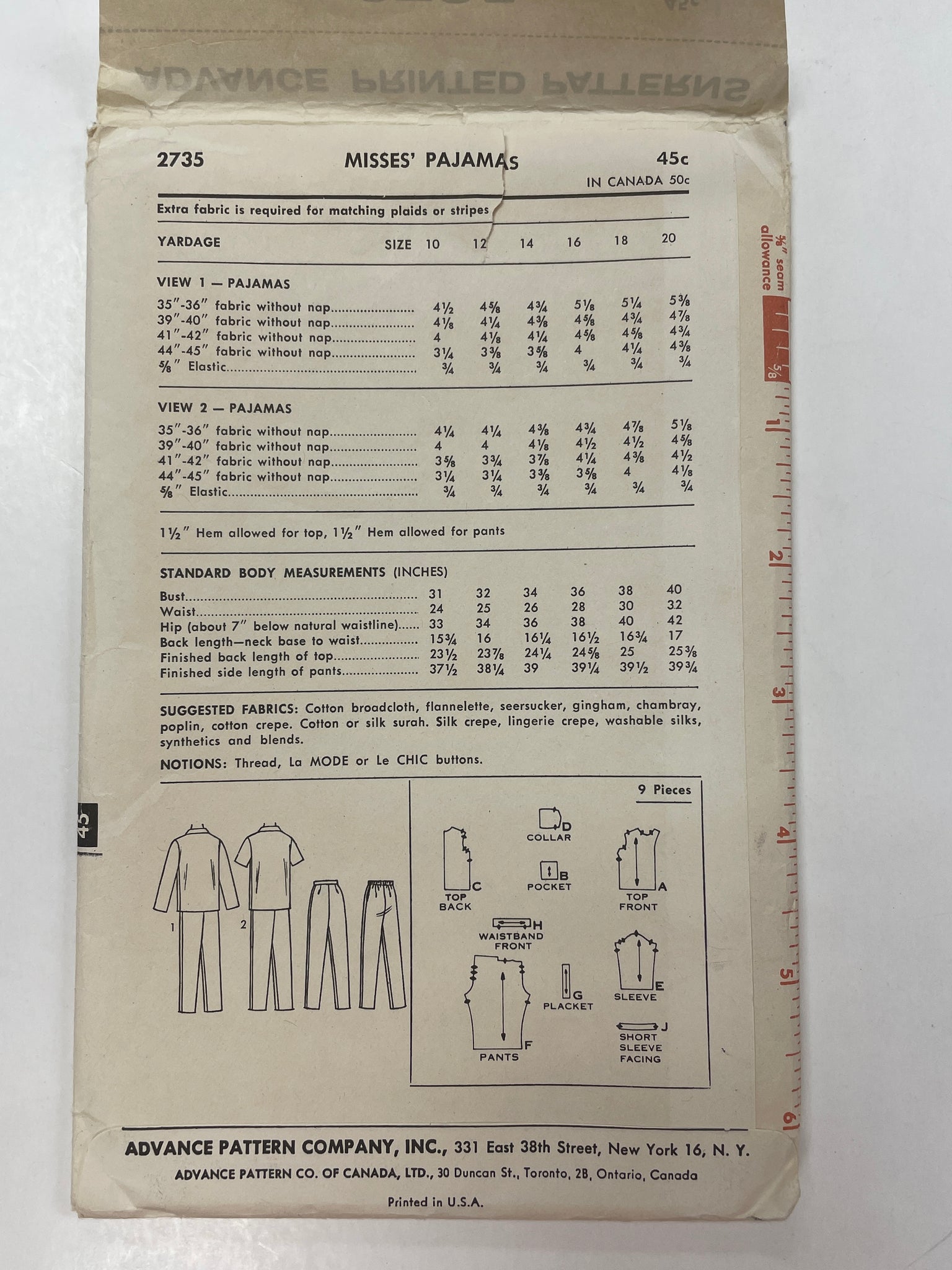 1960's Advance 2735 Sewing Pattern - Pajamas