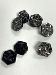 Buttons Glass Set of 7 Vintage - Black Hexagons with Silver Embossed Tops