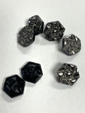 Buttons Glass Set of 7 Vintage - Black Hexagons with Silver Embossed Tops