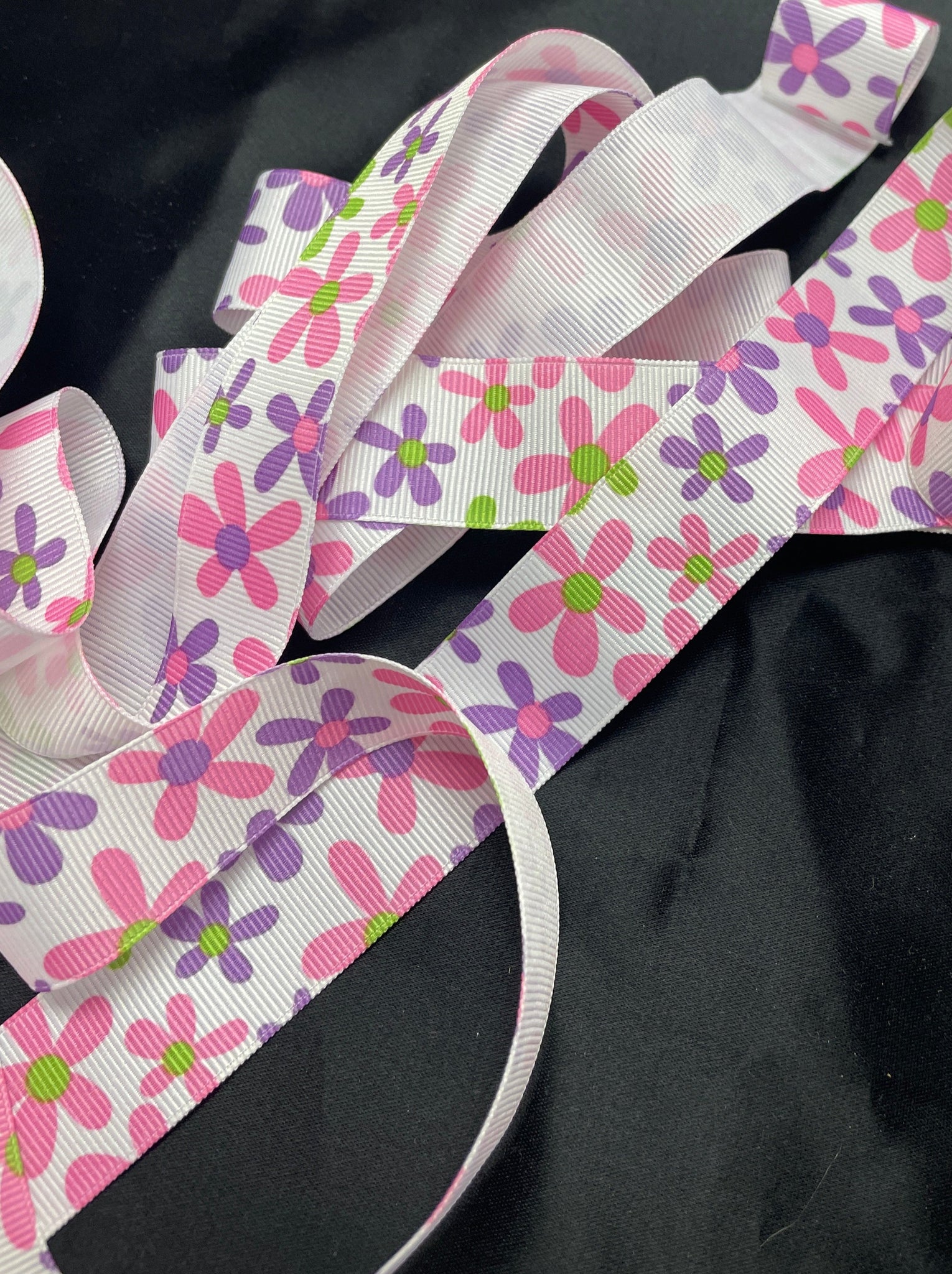 3 YD Polyester Printed Grosgrain Ribbon - White with Pink, Purple and Green Flowers