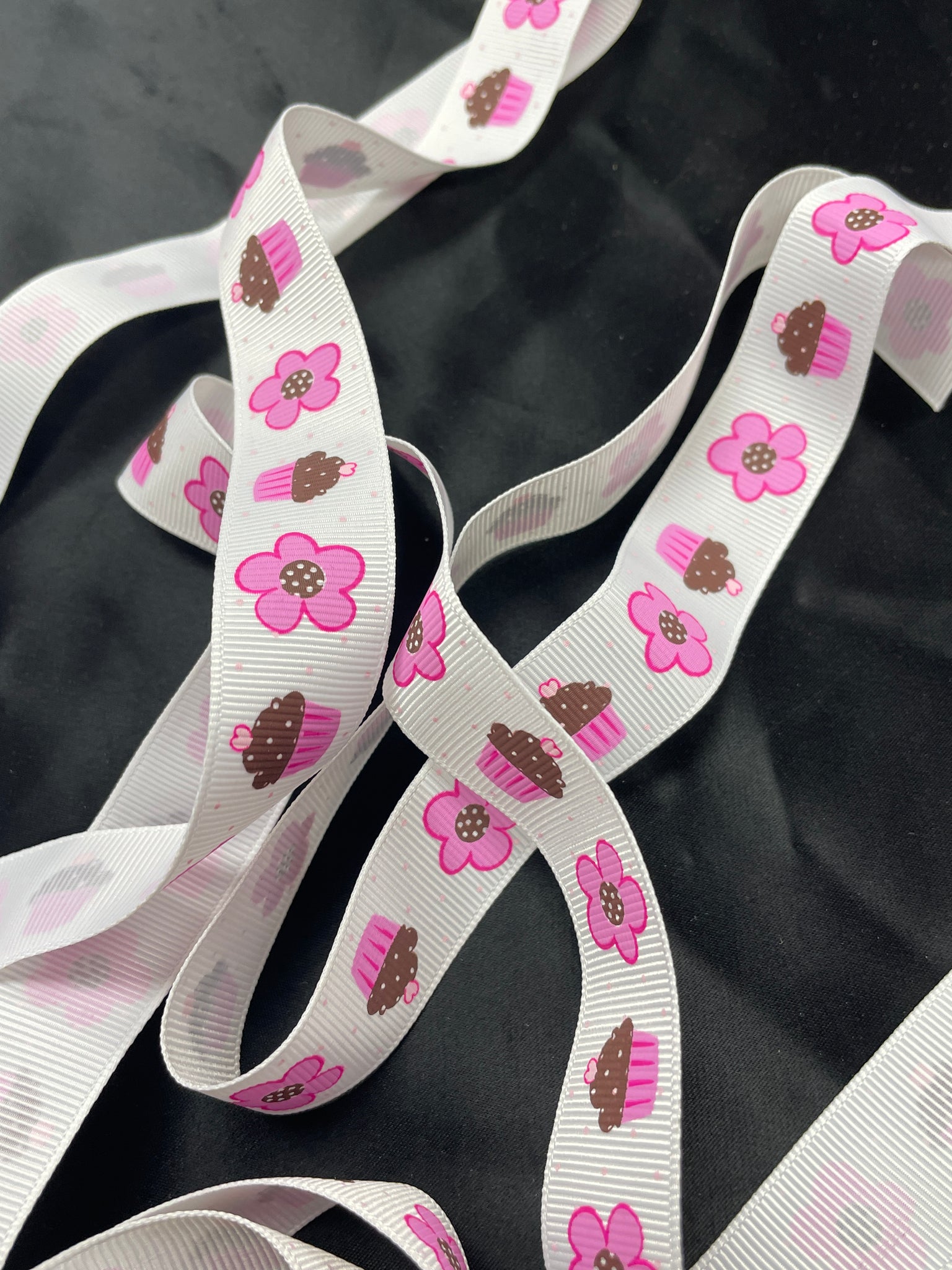 3 YD Polyester Printed Grosgrain Ribbon - White with Pink Flowers and Cupcakes