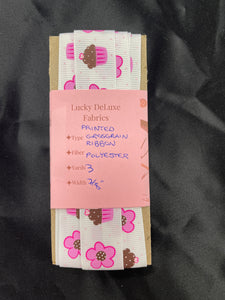 3 YD Polyester Printed Grosgrain Ribbon - White with Pink Flowers and Cupcakes