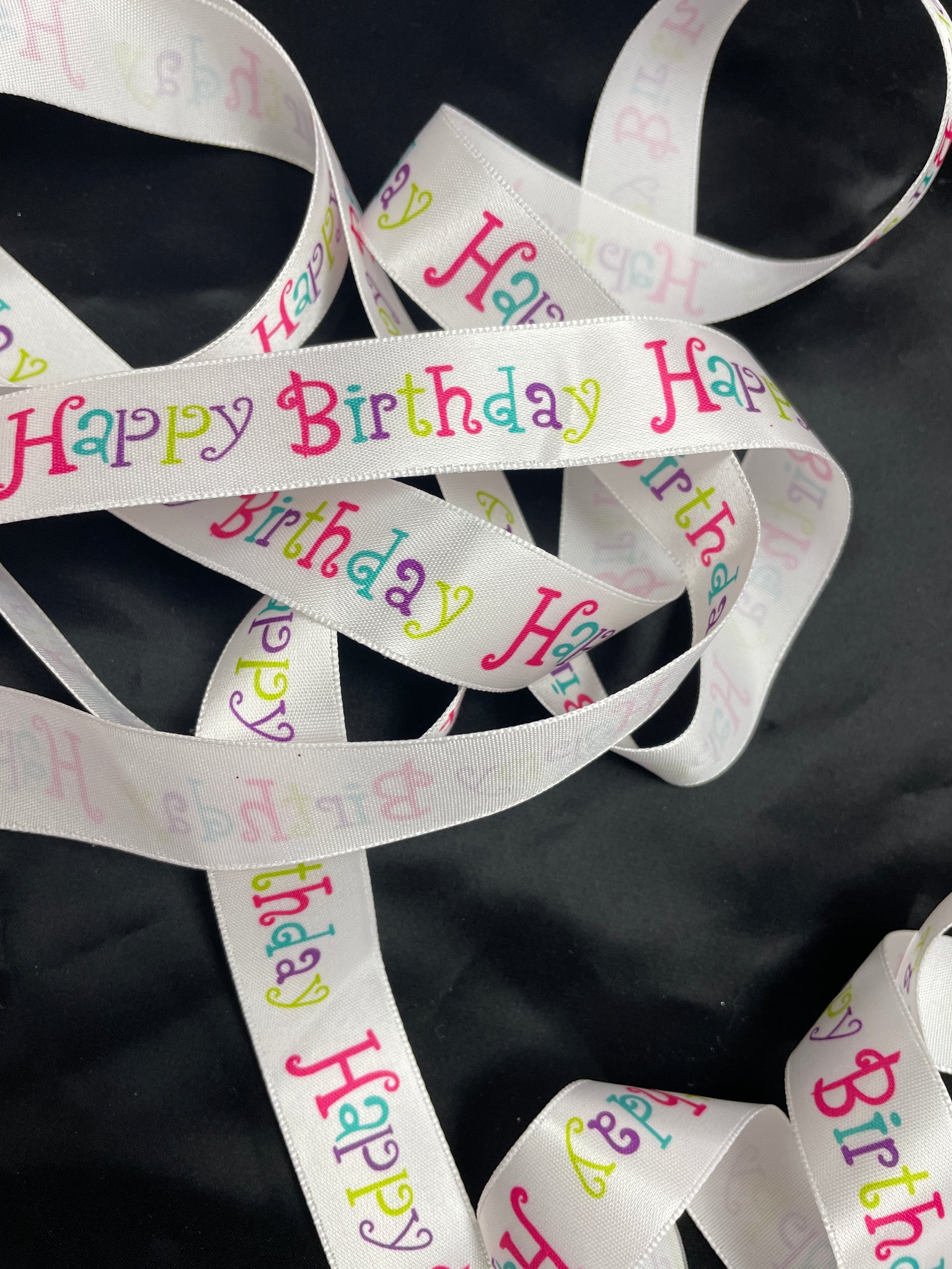 3 YD Polyester Printed Satin Ribbon - White with Multicolored "Happy Birthday"