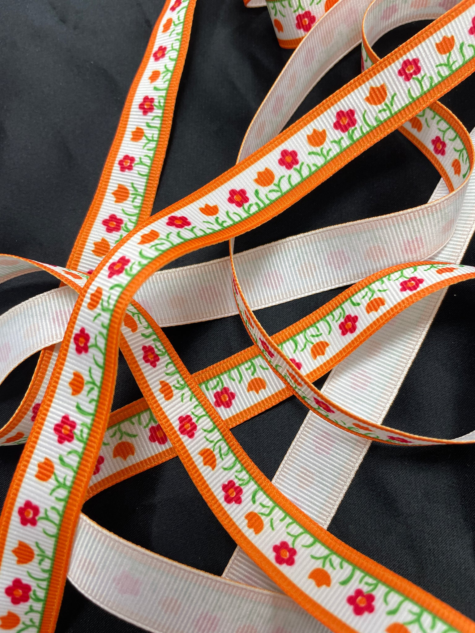 2 1/3 YD Polyester Printed Grosgrain Ribbon - White with Pink and Orange Flowers